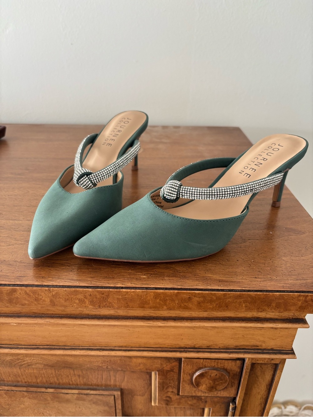 Journee Collection Emerald Green Pointed-Toe Rhinestone-Knot Mules